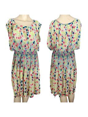 Baraschi Dress Women M Floral Pleated Blouson Elastic Waist Chiffon Sheer Lined